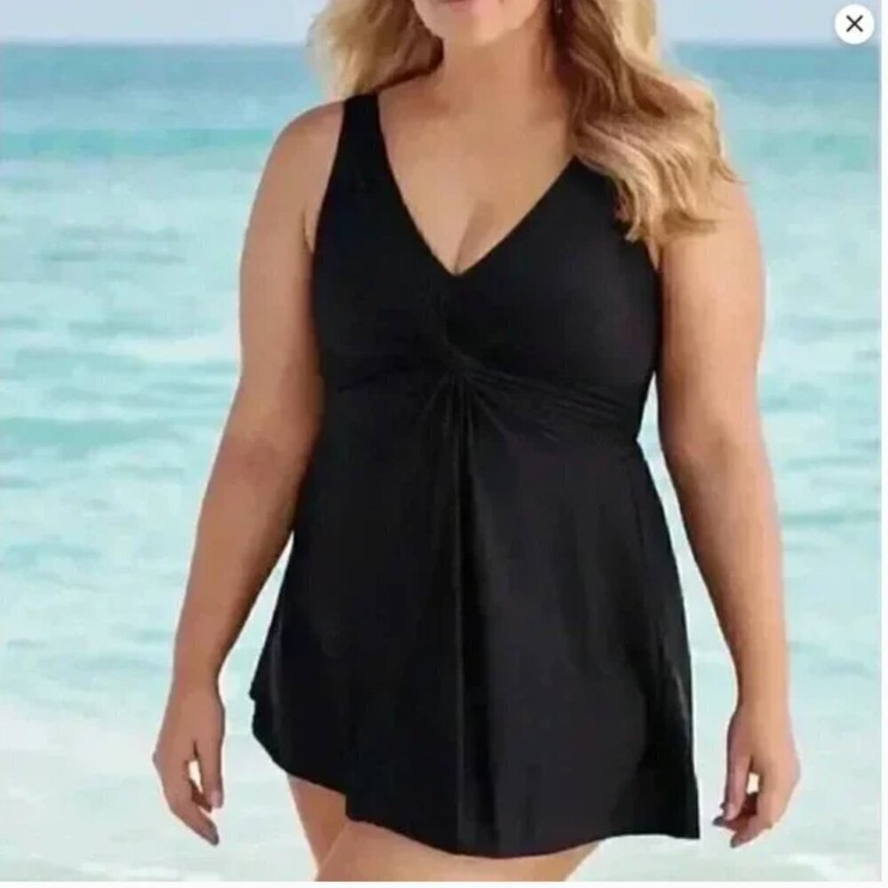 Miraclesuit Plus Size 24W Marais One-Piece Swimdress Black Slimming Resortwear